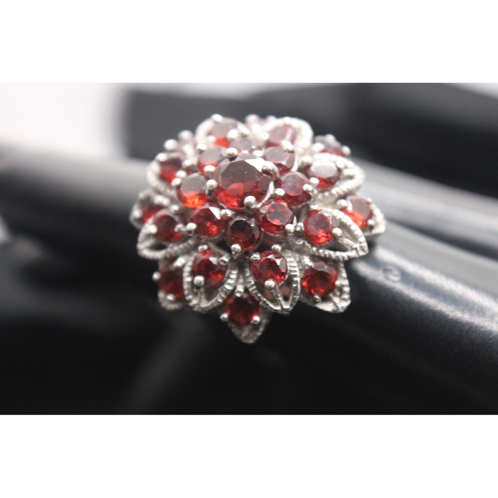 Vintage Sterling Silver 925 Red Garnet Flower Cluster Cocktail Ring Size 7.5